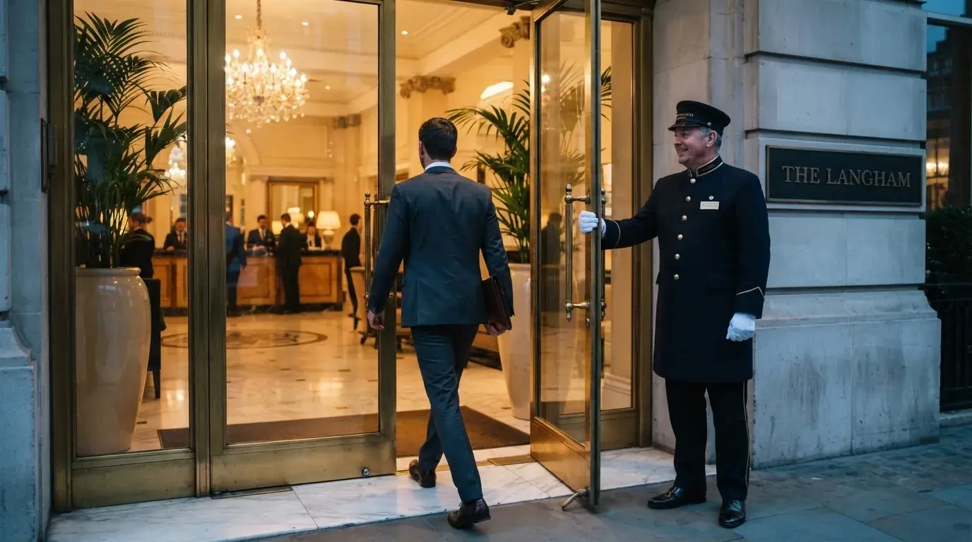 Portar în uniformă îi deschide ușa de sticlă unui vizitator în costum, în holul unui hotel elegant.
