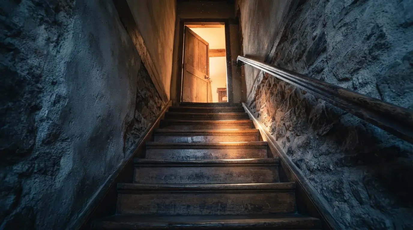 Scară de lemn cu trepte care urcă spre o ușă luminată, fotografiată din unghi jos, într-o clădire veche din piatră.