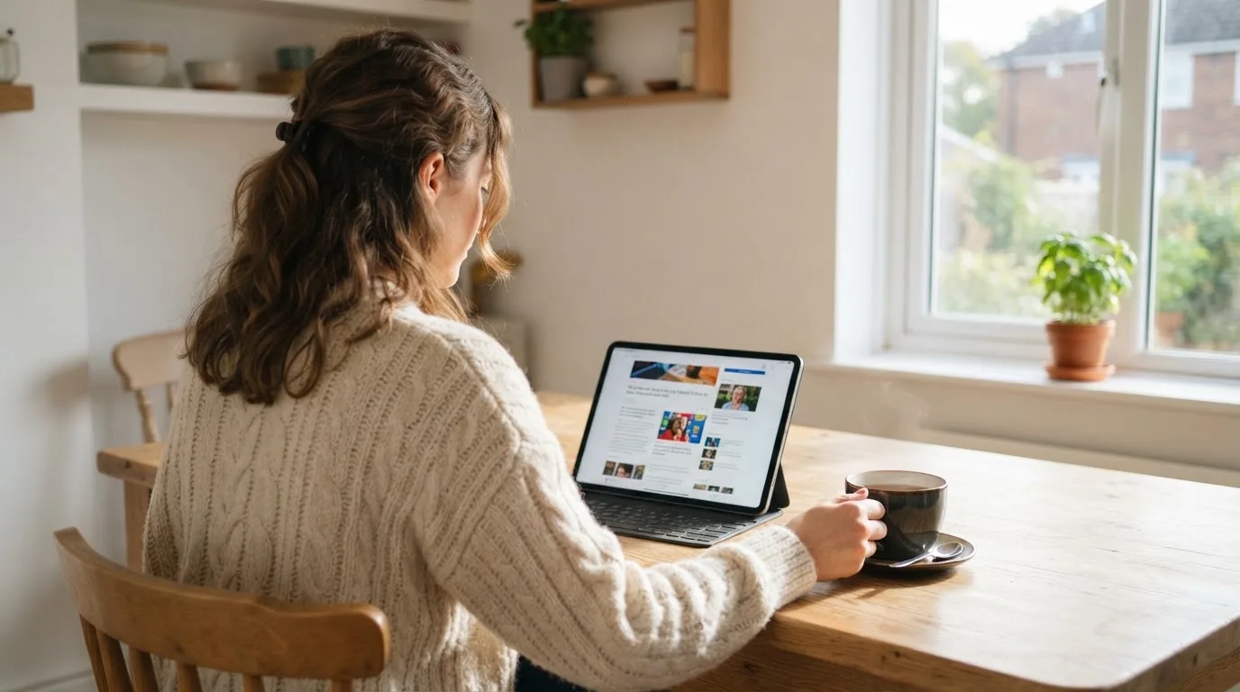 Adult tânăr stă la masa din sufragerie cu o tabletă în față și o cană de ceai, într-o cameră cu lumină naturală puternică.
