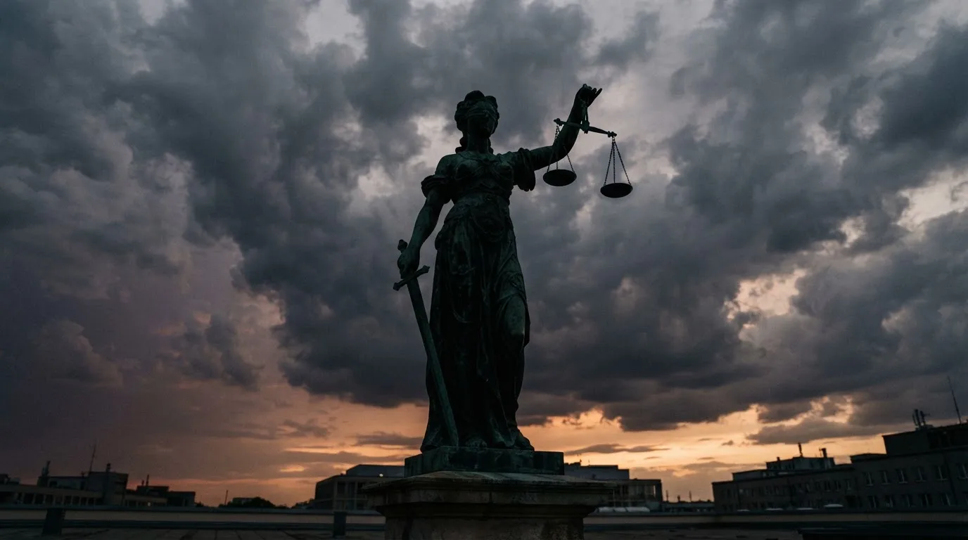 Silueta unei statui a dreptății cu ochii legați, ținând o balanță, fotografiată de jos contra unui cer de furtună.